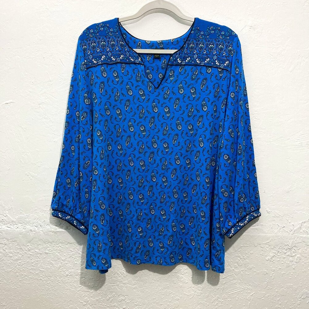 J Jill Wearever Collection Blue Black Paisley Tunic Pullover Balloon Sleeve XL